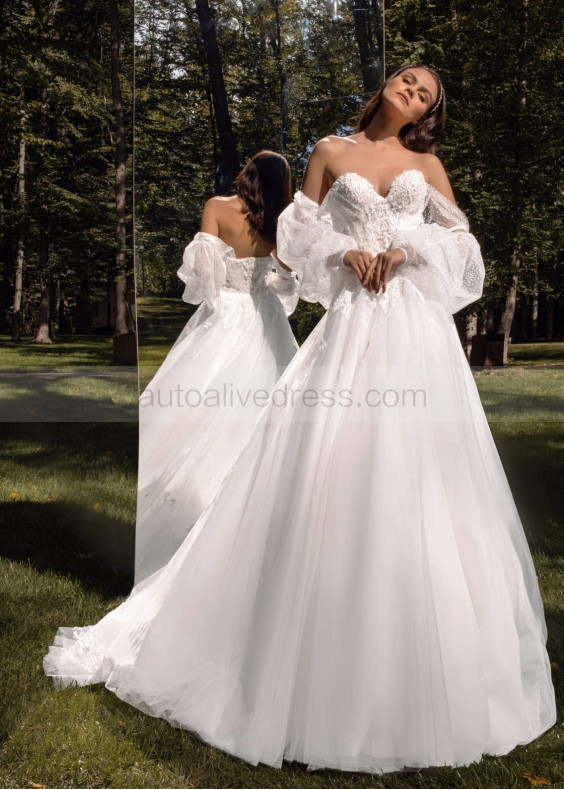 Off Shoulder Beaded Ivory Lace Tulle Shinning Wedding Dress